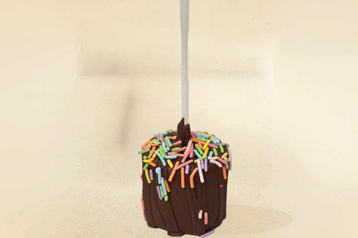 milk chocolate marshmallow pop with milk drizzle and jimmies