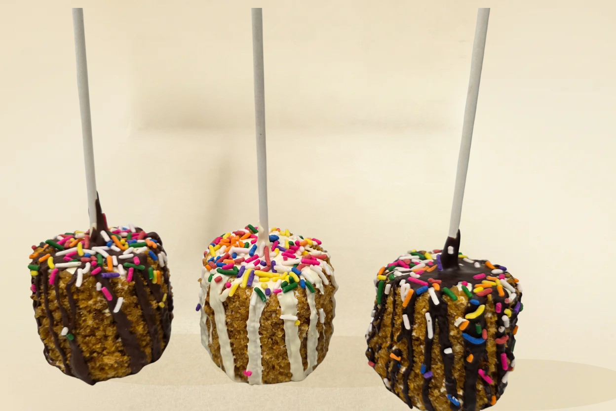 3 toffee and chocolate marshmallow pops with jimmies